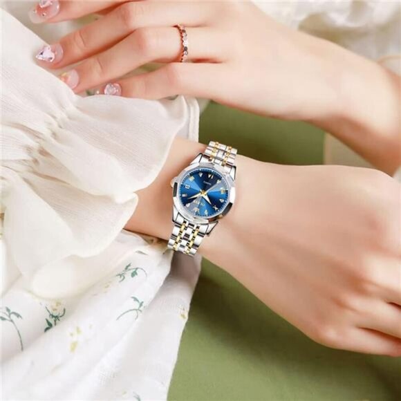 Analog Quartz Stainless Steel Waterproof Luminous Day Date Two Tone Wristwatch